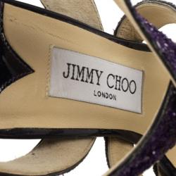 Pre Owned Jimmy Choo Purple Vamp Glitter Crisscross Platform Sandals Size 37