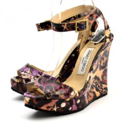 مملوكة مسبقًا Jimmy Choo Leopard, Chain &amp; Star Print Ankle Strap Wedges Size 37
