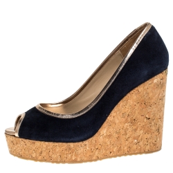 مملوكة مسبقًا Jimmy Choo Navy Blue Suede Papina Cork Wedge Pumps Size 38.5