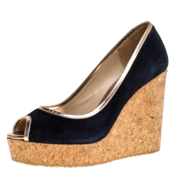 مملوكة مسبقًا Jimmy Choo Navy Blue Suede Papina Cork Wedge Pumps Size 38.5