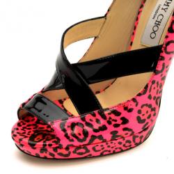 Pre Owned Jimmy Choo Pink Leopard Print Patent 'Gesture' Platform Pumps Size 37