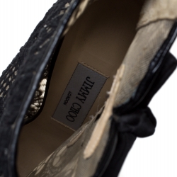 Pre Owned Jimmy Choo Black Lace And Patent Leather Bow Peep Toe Platform Boots Size 38