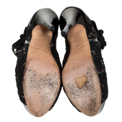 Pre Owned Jimmy Choo Black Lace And Patent Leather Bow Peep Toe Platform Boots Size 38