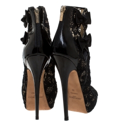Pre Owned Jimmy Choo Black Lace And Patent Leather Bow Peep Toe Platform Boots Size 38