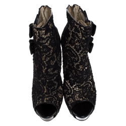 Pre Owned Jimmy Choo Black Lace And Patent Leather Bow Peep Toe Platform Boots Size 38