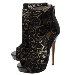 Pre Owned Jimmy Choo Black Lace And Patent Leather Bow Peep Toe Platform Boots Size 38