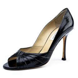 Pre Owned Jimmy Choo Black Patent Peep Toe Pleated Pumps Size 40.5