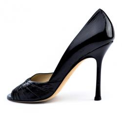 Pre Owned Jimmy Choo Black Patent Peep Toe Pleated Pumps Size 40.5