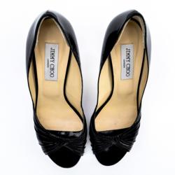 Pre Owned Jimmy Choo Black Patent Peep Toe Pleated Pumps Size 40.5