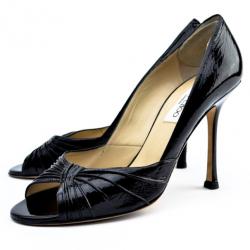Pre Owned Jimmy Choo Black Patent Peep Toe Pleated Pumps Size 40.5