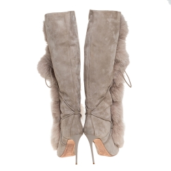 Pre Owned Jimmy Choo Grey Suede And Fox Fur Deeta 110 Knee Length Boots Size 40