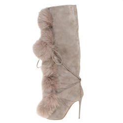 Pre Owned Jimmy Choo Grey Suede And Fox Fur Deeta 110 Knee Length Boots Size 40