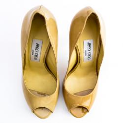 Pre Owned Jimmy Choo Nude Patent 'Luna' Peep Toe Platform Pumps Size 37