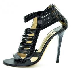 Pre Owned Jimmy Choo Black Python 'Corsica' Strappy Back Zip Sandals Size 37.5