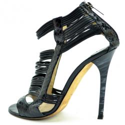 Pre Owned Jimmy Choo Black Python 'Corsica' Strappy Back Zip Sandals Size 37.5
