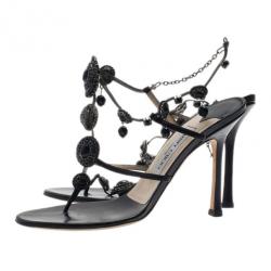 مملوكة مسبقًا صندل جيمي تشو ساتان مرصع بالجواهر أسود مقاس 38.5