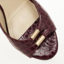 Pre Owned Jimmy Choo Maroon Croc Embossed Slides Size 39.5