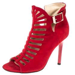 Pre Owned Jimmy Choo Red Suede Cage Strappy Ankle Strap Sandals Size 36.5