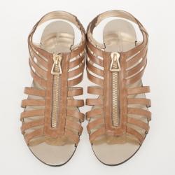 Pre Owned Jimmy Choo Brown Leather 'Wish' Zip Cage Flat Sandals Size 40.5