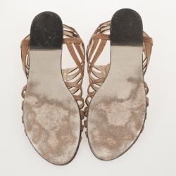 Pre Owned Jimmy Choo Brown Leather 'Wish' Zip Cage Flat Sandals Size 40.5