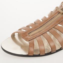 Pre Owned Jimmy Choo Brown Leather 'Wish' Zip Cage Flat Sandals Size 40.5