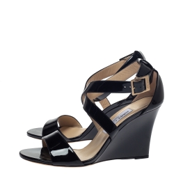 Pre Owned Jimmy Choo Black Patent Leather Fearne Cross Strap Wedge Sandals Size 38