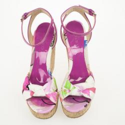 مملوكة مسبقًا Jimmy Choo Purple Gleam Printed Cork Wedge Sandals Size 40