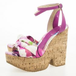 مملوكة مسبقًا Jimmy Choo Purple Gleam Printed Cork Wedge Sandals Size 40