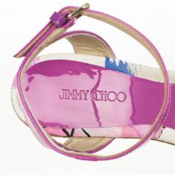 مملوكة مسبقًا Jimmy Choo Purple Gleam Printed Cork Wedge Sandals Size 40