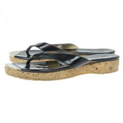 Pre Owned Jimmy Choo Black Leather 'Pence' Cork Wedge Sandals Size 38