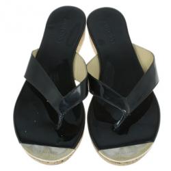 Pre Owned Jimmy Choo Black Leather 'Pence' Cork Wedge Sandals Size 38