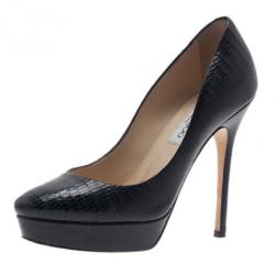 Pre Owned حذاء جيمي تشو جلد سحلية أسود نقوش غائرة مقدمة مرتفعة مقاس 37.5