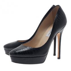 Pre Owned حذاء جيمي تشو جلد سحلية أسود نقوش غائرة مقدمة مرتفعة مقاس 37.5