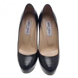 Pre Owned حذاء جيمي تشو جلد سحلية أسود نقوش غائرة مقدمة مرتفعة مقاس 37.5