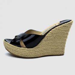 Pre Owned Jimmy Choo Black Patent ‘Phyllis’ Espadrilles Wedges Slides Size 40