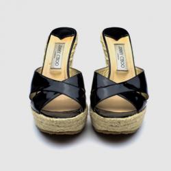 Pre Owned Jimmy Choo Black Patent ‘Phyllis’ Espadrilles Wedges Slides Size 40