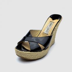 Pre Owned Jimmy Choo Black Patent ‘Phyllis’ Espadrilles Wedges Slides Size 40