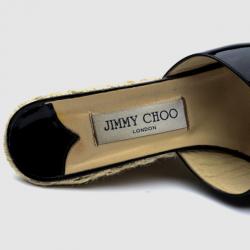 Pre Owned Jimmy Choo Black Patent ‘Phyllis’ Espadrilles Wedges Slides Size 40
