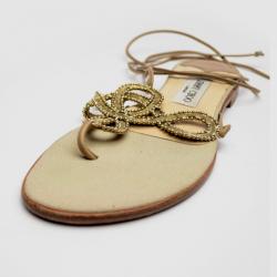 Pre Owned Jimmy Choo Gold Nappa Leather Embellished 'Jolly' Thong Sandals Size 39.5