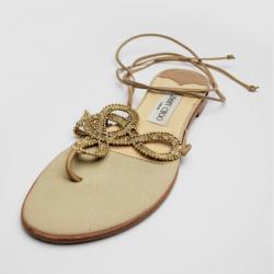 Pre Owned Jimmy Choo Gold Nappa Leather Embellished 'Jolly' Thong Sandals Size 39.5