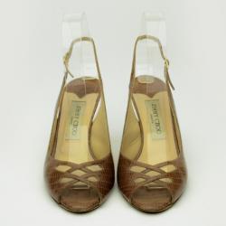 مملوكة مسبقًا Jimmy Choo Brown Watersnake Open Toe Slingback Sandals Size 37.5