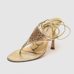 Pre Owned Jimmy Choo Gold Glitter Fabric Mirror Tie Up Sandals Size 38