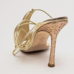 Pre Owned Jimmy Choo Gold Glitter Fabric Mirror Tie Up Sandals Size 38