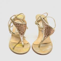 Pre Owned Jimmy Choo Gold Glitter Fabric Mirror Tie Up Sandals Size 38