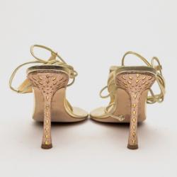 Pre Owned Jimmy Choo Gold Glitter Fabric Mirror Tie Up Sandals Size 38