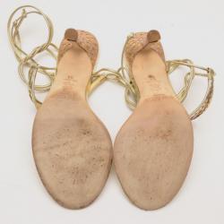 Pre Owned Jimmy Choo Gold Glitter Fabric Mirror Tie Up Sandals Size 38