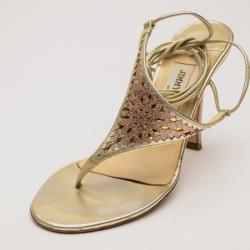 Pre Owned Jimmy Choo Gold Glitter Fabric Mirror Tie Up Sandals Size 38