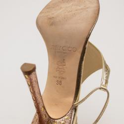 Pre Owned Jimmy Choo Gold Glitter Fabric Mirror Tie Up Sandals Size 38