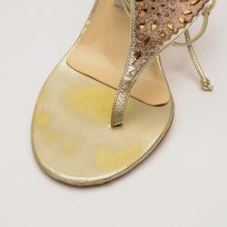 Pre Owned Jimmy Choo Gold Glitter Fabric Mirror Tie Up Sandals Size 38