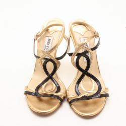 Pre Owned Jimmy Choo Black and Gold Leather Strappy Sandals Size 39